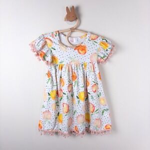 Mila & Rose Peach Print Dress Kids 2T White Orange Pom Pom Flutter Sleeve